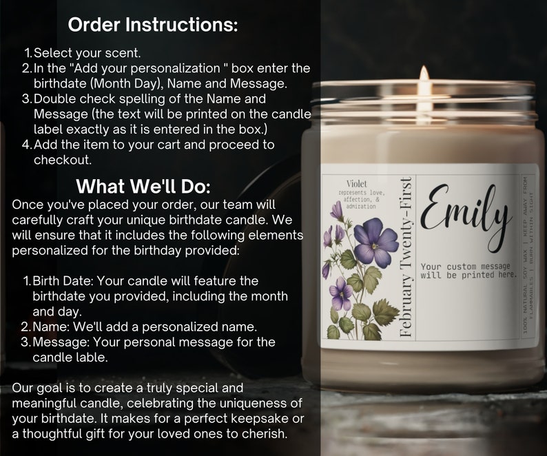 May include: A white candle with a personalized label. The label features a floral design, the name "Emily", the date "February Twenty-First", and the text "Your custom message will be printed here."