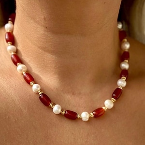 Agate and Pearl Choker: 14k Gold Plated, Handmade Jewelry