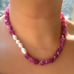 Handmade Jewelry, Statement Boho Gemstone Beaded Necklace,Fuchsia Big Bold Necklace,Western Jewelry,Elegant Agate and Pearl Necklace