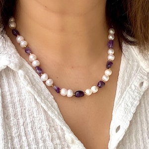 Chunky Amethyst and Pearl Necklace, Elegant Beaded Gemstone Necklace for Women,Elegant Big Bold Choker,Gift for Wife, Statement Jewelry
