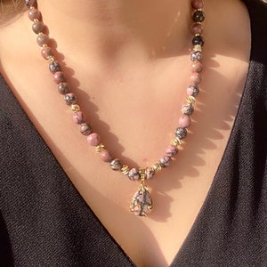 Gemstone Necklace, Natural Rhodonite Stone Necklace, Pink Brown Beaded Jewelry, Pastel Colors Beaded Necklace, Handmade Gift for Her