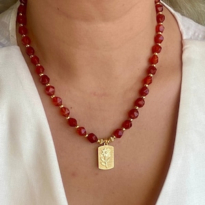 Red Agate Necklace,Dainty Gemstone Necklace,Flower Pendant Necklace,Statement Agate Stone Jewelry, Birthday Gift for Her