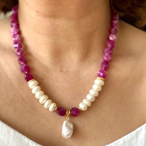 Elegant Gemstone and Pearl Necklace,Pink Agate Necklace,Fuchsia Necklace,Large Baroque Pearl,Fine Jewelry for Women,Unique Gift for Wife