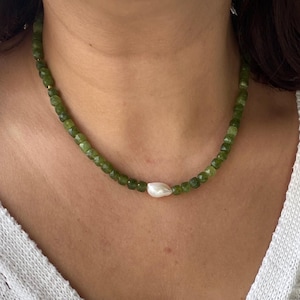 Green Jade Necklace, Minimalist Green Gemstone Choker, Handmade Gift for Her