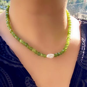 Dainty Jade and Pearl Necklace: 14k Gold Plated, Handmade