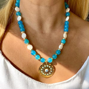Aqua Blue Agate Beaded Necklace: 14k Gold Plated Medallion