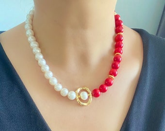 Red Coral Necklace, Half Pearl Half Beaded  Necklace, Gemstone and Pearl Necklace,Unique Birthday Gift for Her, Handmade Jewelry