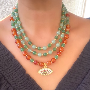Gemstone Necklace, Green and Orange Statement Bohemian Necklace,Unique Gift for Women,Handmade Beaded Jewelry