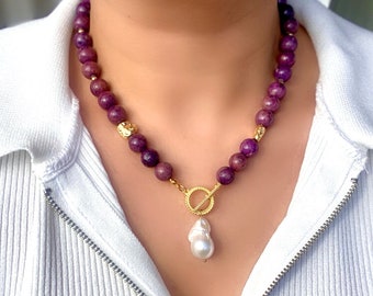 Gemstone Necklace, Purple Statement Necklace, Lepidolite Jewelry,Unique Handmade Gift for Women, Elegant Beaded Jewellery,Big Pearl Pendant