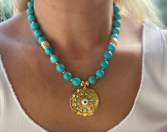 Turquoise Beaded Necklace,Evil Eye Gold Medallion,Large Pendant Gemstone Necklace for Women,Unique Birthday Gift,Handmade Summer Necklace