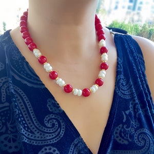 Chunky Red Coral Necklace: Statement Freshwater Pearl Beaded Jewelry