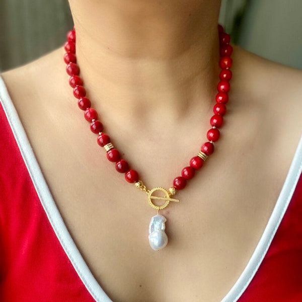 Collier de corail rouge, collier de pierres précieuses perlées, bijoux baroques en perles, élégant collier de corail et de perles, cadeau d'anniversaire unique pour elle