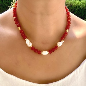 Red Agate and Pearl Necklace: Handmade Beaded Gemstone Choker