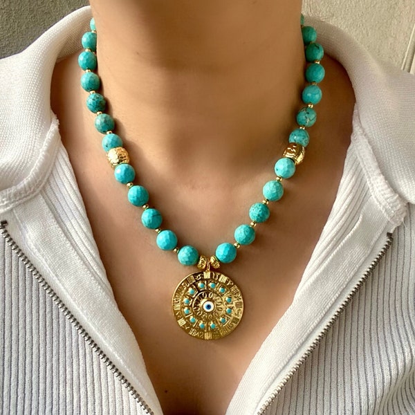 Collier turquoise, collier de perles, médaillon en or mauvais œil, grand collier pendentif pour femme, cadeau d'anniversaire unique pour elle, bijoux faits main