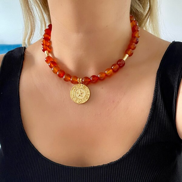 Statement Gemstone Choker for Women, Fire Agate Necklace , Handmade Beaded Bohemian Jewelry, Gift for Girlfriend, Statement Medallion Choker