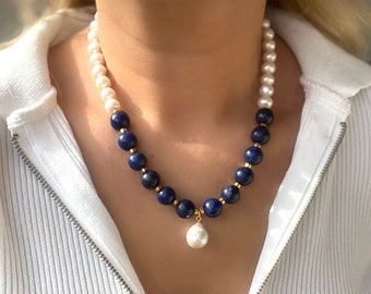 Lapis Lazuli Necklace, Elegant Gemstone Necklace, Pearl and Gemstone Necklace, Statement Beaded Jewelry, Handmade Birthday Gift for Women