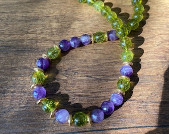 Amethyst & Peridot Necklace, Handmade Green and Purple Gemstone Boho Jewelry