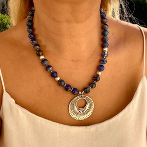 Lapis Lazuli Beaded Necklace: Silver Medallion, Royal Blue Gemstone