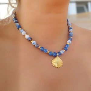 Blue Agate Beaded Necklace: 14k Gold Seashell Pendant, Boho Jewelry