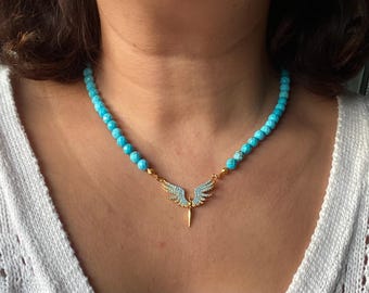 Natuurlijke turkooizen ketting met hanger met engelenvleugels, handgemaakte edelsteensieraden met kralen
