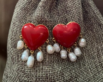 Red Heart Earrings with Real Pearl, Romantic Style Stud Dangle Jewelry