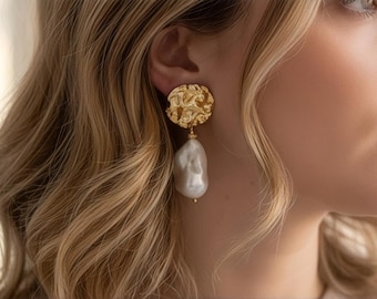 Large Baroque Pearl Earrings , Gold Drop Wedding Earrings