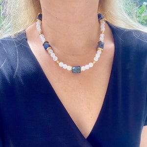 Lapis Lazuli & Quartz Necklace: Beaded Gemstone, 14k Gold Plated