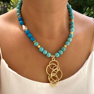 Chunky Türkis Halskette, Statement Boho Schmuck für Frauen, echte Türkis Perlen Schmuck, Edelstein Halskette, handgemachtes Geschenk für Frauen