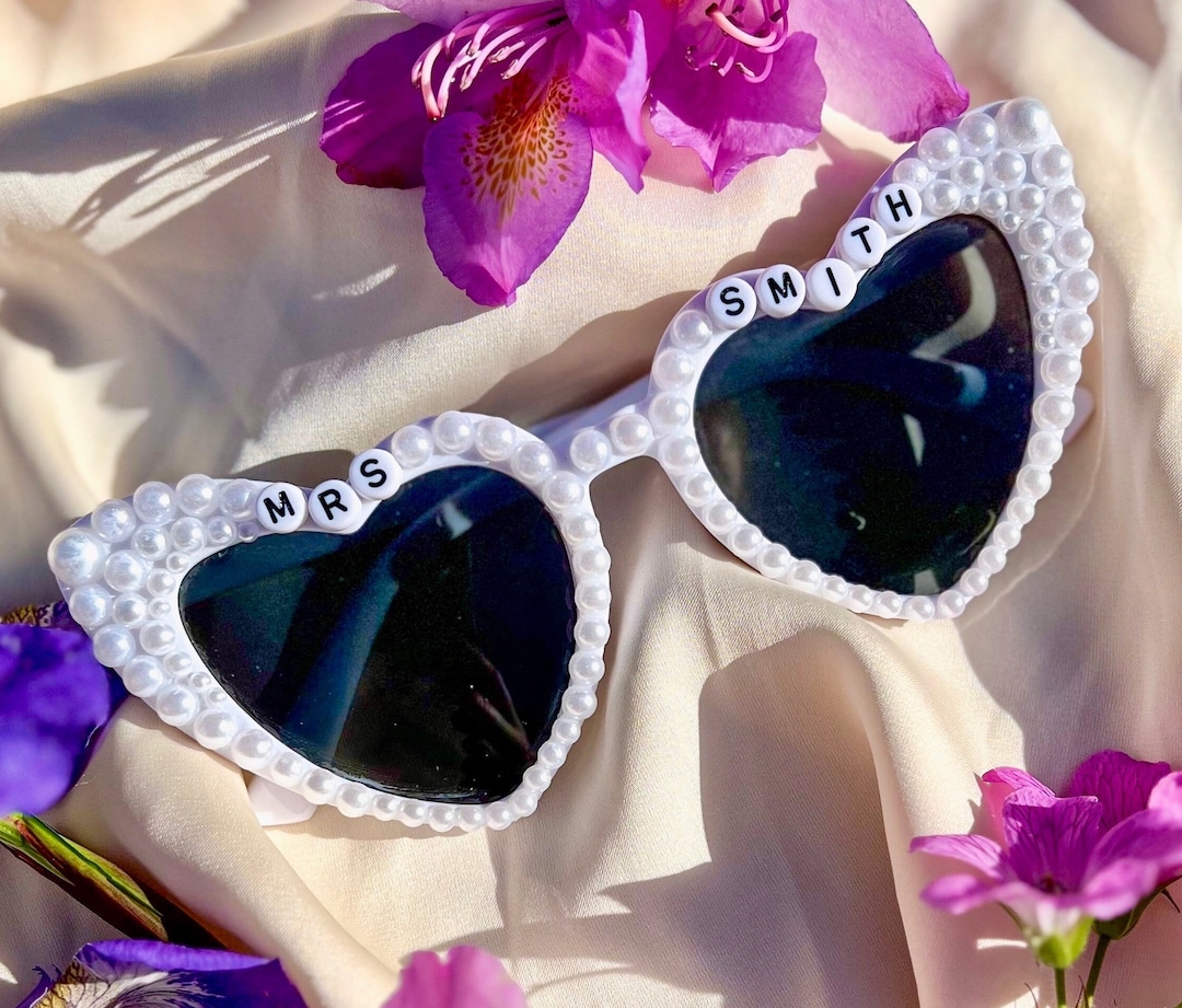 Pearl Heart Sunglasses - Custom Bridal Party, Bachelorette Party Favor - Mrs-Custom Last Name, White/Black Letters