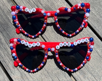 Custom 4th of July Sunglasses: Pearl & Rhinestone Heart Sunglasses