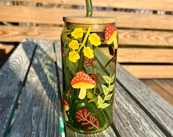 Hand Painted Mushroom Glass Cup with Bamboo Lid & Straw