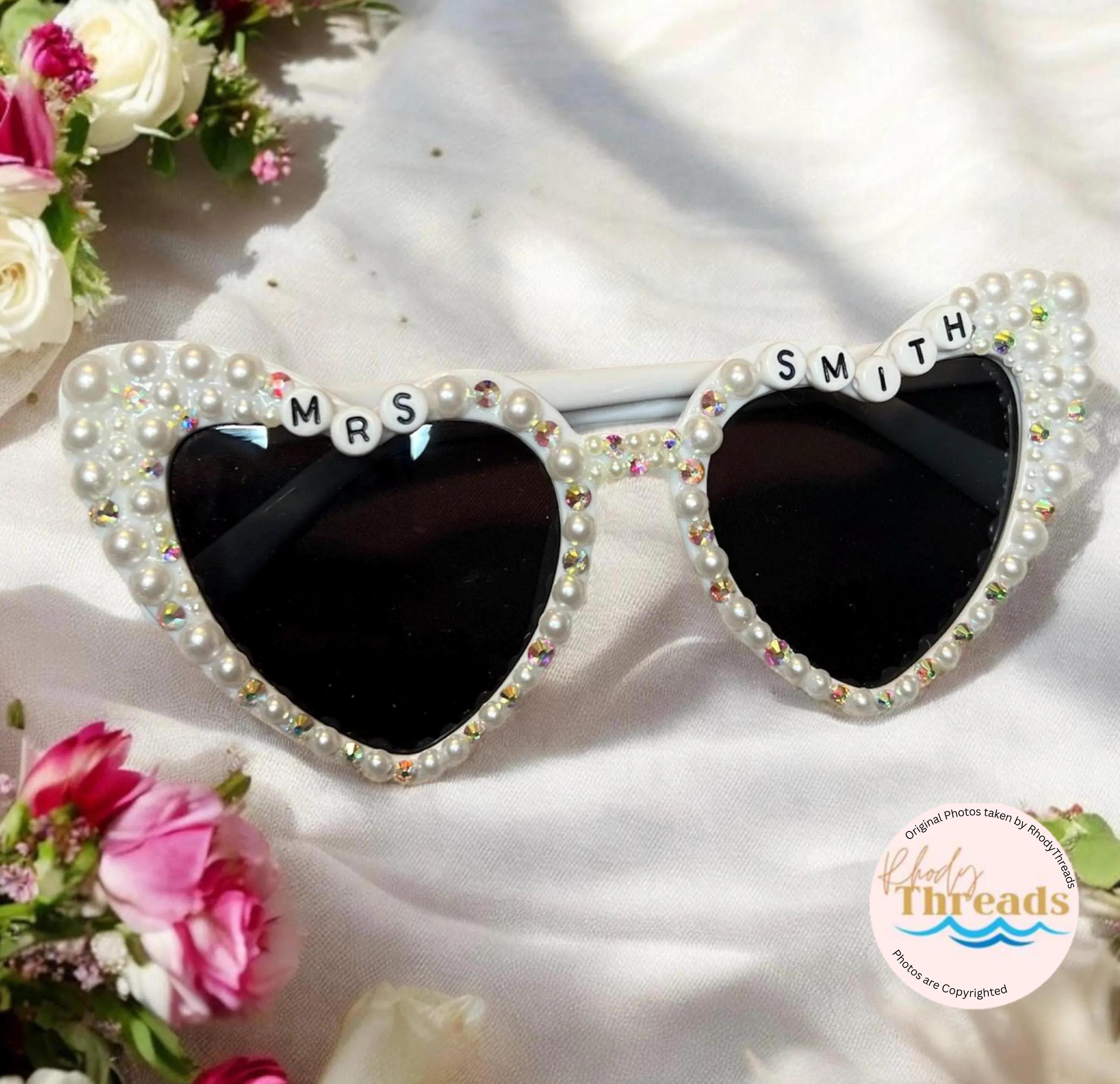 Personalized Heart-Shaped Pearl Rhinestone Sunglasses