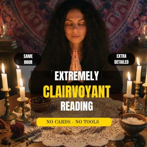 May include: A round wooden table covered with a white lace doily, featuring six lit white candles in brass holders, two small bowls, and dried flowers. Text overlays read: SAME HOUR, EXTRA DETAILED, EXTREMELY CLAIRVOYANT READING, NO CARDS - NO TOOLS.