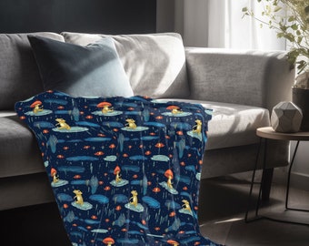 Frog Friends poolside by Lily Pond Blanket, Summertime Frog Blanket, Frog Blanket, Cottage Core Blanket, Garden Décor, Swampcore Décor