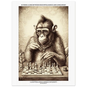Può includere: Un'illustrazione in bianco e nero di uno scimpanzé con gli occhiali che gioca a scacchi. L'immagine è intitolata "La Bottega Degli Animali Riflessivi" e include il sito web "bottegadar.it".