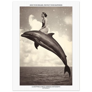 Dolphin Poster, Dolphin Wall Décor, Vintage Digital Art, Woman Riding Dolphin, Inspirational Quote, Poster Wall Print Dream-Chasing Decor