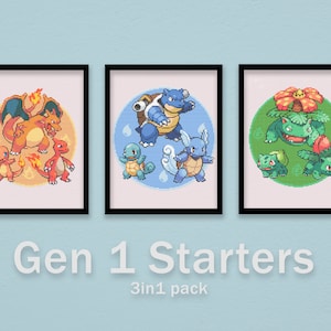 May include: Three framed prints featuring the first generation Pokemon starter evolutions. The first print shows Charmander, Charmeleon, and Charizard. The second print shows Squirtle, Wartortle, and Blastoise. The third print shows Bulbasaur, Ivysaur, and Venusaur. The prints are labelled "Gen 1 Starters 3 in 1 pack".