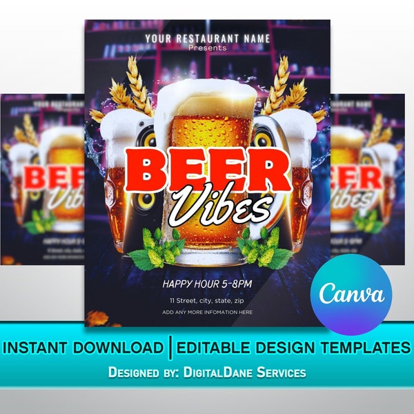 Beer Vibes Flyer / Beer Party Flyer / Happy Hour / DIY Editable Canva Design Template / Restaurant flyer / Bar flyer