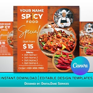 Ulotka z jedzeniem / Ulotka specjalna z pikantnym jedzeniem / Projekt reklamy cateringu szefa kuchni / Szablon projektu do edycji DIY Canva / Rozmiar do mediów społecznościowych