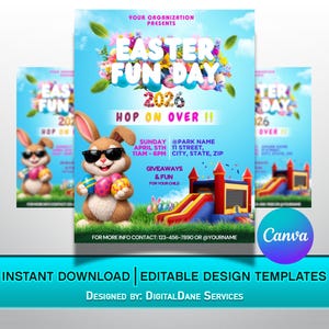 May include: Easter Fun Day 2026 flyer with a cartoon bunny wearing sunglasses and holding Easter eggs. The flyer has a blue sky background with text that reads "Hop on Over!!" and details for the event, including giveaways and fun.