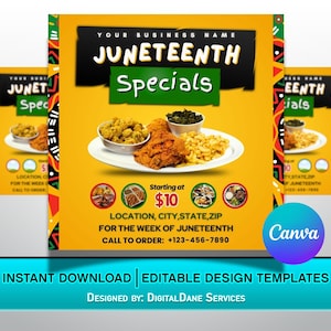 Puede incluir: Un folleto amarillo vibrante de ofertas especiales de Juneteenth con pollo frito, macarrones con queso y verduras. El texto dice "Juneteenth Specials" e incluye una llamada para ordenar. El diseño es una plantilla de Canva.