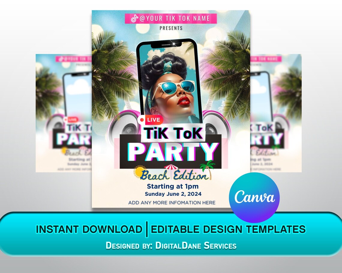 Tik Tok Party Flyer / LIVE Tik Tok Party Beach Edition Flyer / DIY