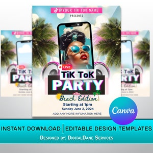May include: A colorful flyer for a TikTok party with a beach theme. The flyer features a woman with sunglasses and a phone screen with the text "Live TikTok Party Beach Edition" and the date "Sunday June 2, 2024".
