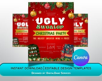 Ugly Sweater Christmas Party Flyer: Editable Canva Template (1080x1350px)