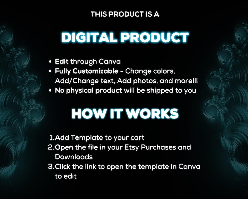 May include: A digital product listing for a customisable Canva template. The text on the image reads "This product is a digital product" and "How it works". The image also includes instructions on how to access the template.