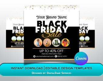 May include: Black Friday Sale flyer with the text "Your Brand Name" and "Black Friday Sale" in large white letters. The flyer includes images of products and the text "Up to 40% Off". The Canva logo is visible.