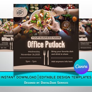 May include: A promotional flyer for an office potluck event. The design features a dark brown background with the text "Office Putlock" and event details. The image includes a photo of people sharing food.