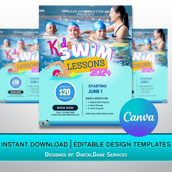 Kids Swim Lessons Flyer / Summer Swimming Lessons Ad / Printable 8.5 x 11 inches Page size / DIY Fully Editable Canva Design Template