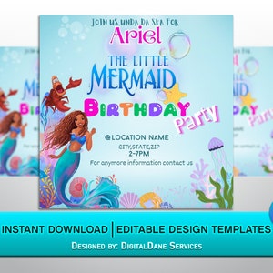 Little Mermaid Birthday Party Flyer, Editable Birthday Flyer, African American Little Mermaid Flyer, Canva Template, Do It Yourself Flyer