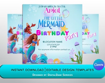 Little Mermaid Birthday Party Flyer: African American Design (Canva Template)